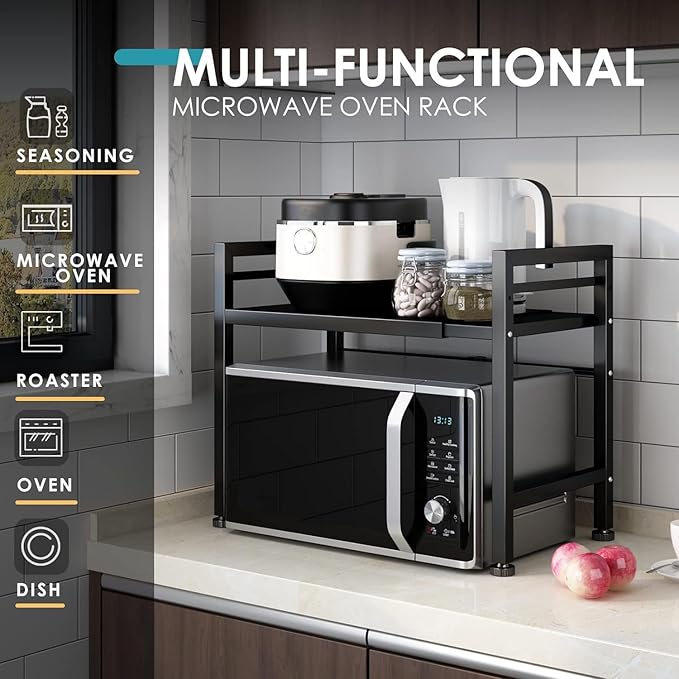 DOLALIKE Microwave Oven Rack, Expandable Microwave Stand Countertop Kitchen Utensils Tableware Storage, Carbon Steel Over Microwave Shelf Countertop with 3 Hooks