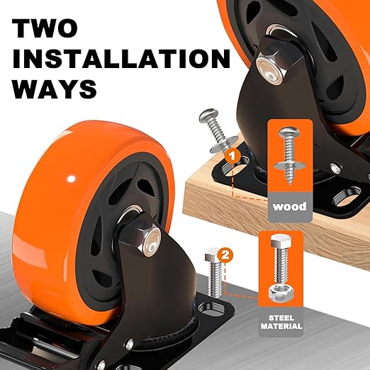 MSH&HCE 4 Inch Caster Wheels, Heavy Duty Break Casters Set of 4 Locking Casters Swivel Polyurethane(PU) Industrial Wheels, Quiet Caster Wheel for Cart Furniture and Workbench (Two Hardware Included)