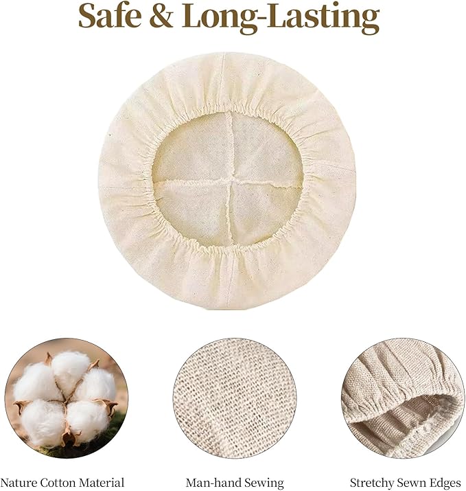 Natural Cotton Bread Proofing Basket Liner, 10 Inch Round, 6 Pack, Banneton Dough Bowl Cover for Baking, Compatible with Rattan Banneton Proofing Basket (Liners Only)