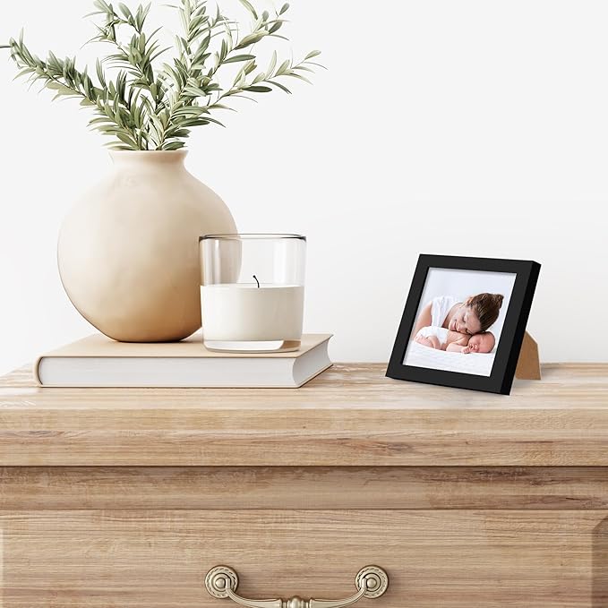 Americanflat 3x3 Picture Frame with Polished Crystal-Clear Glass - Streamline Collection - Thin Border Square Frame for Tabletop Display - Easel Stand Included - Black
