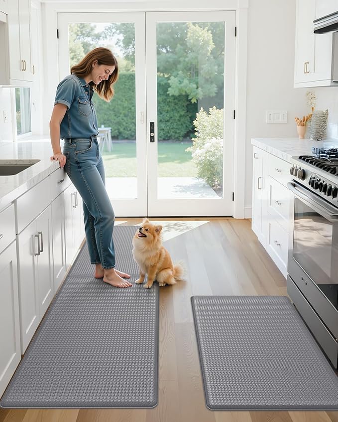 Color&Geometry Anti Fatigue Cushion Padded Kitchen Mat for Floor - 17x29+17x59,Easy Clean, Waterproof & Oil Proof, Anti Slip, Foam Rubber Runner Rug for Front Sink Comfort Standing, Grey Set of 2
