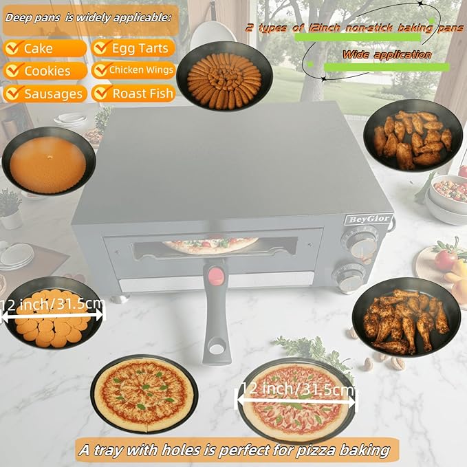 Electric Pizza Oven Indoor, Countertop Pizza Oven with Two 12 inch Baking Trays, Oven Mitts,Commercial Pizza Maker for Home, Stainless Steel Pizza Cooker with Visual Window, Removable Handle