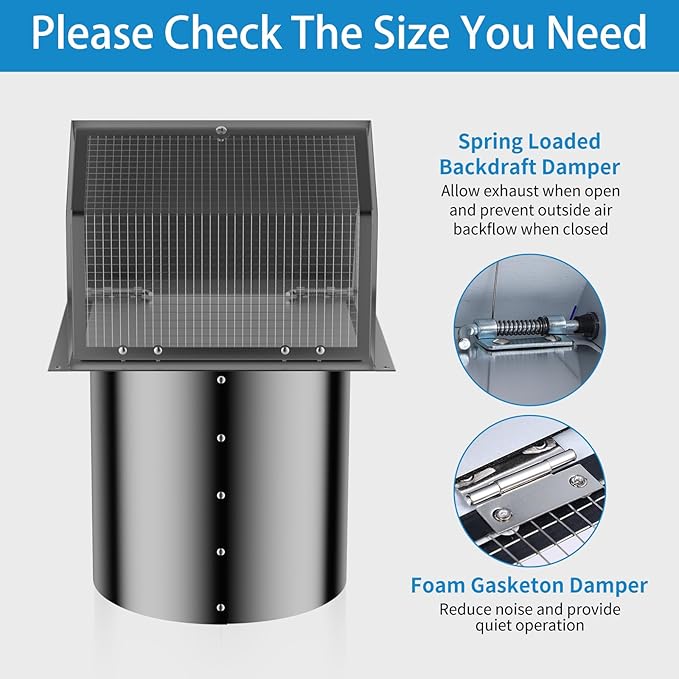 6 Inch Hooded Wall Vent with Screen and Damper,Wall Exhaust Vent Cover Cap,Dryer Vent Cover Outside,External Extractor Wall Vent Hood for House Kitchen Range Hood Air Ventilation Black