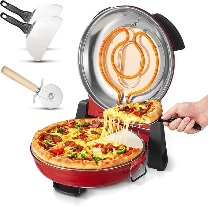 VEVOR Pizza Oven, 12 in Electric Pizza Maker, 1200W Electric Pizzas Cooker with Cordierite Stone, 5-Mode Temperature Control, Viewing Window for Precise Cooking, Heats up to 788 ˚F, for Home (Red)