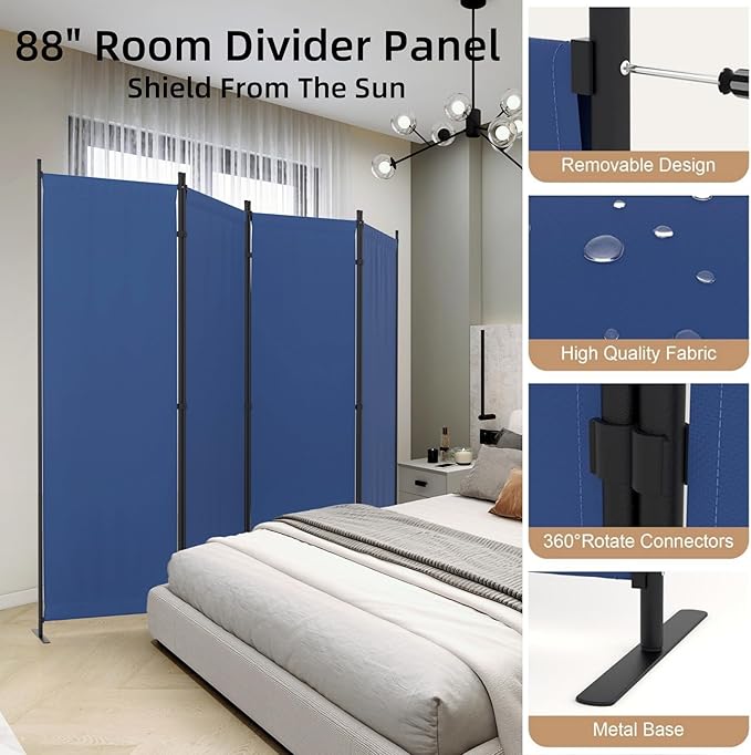 Room Partitions and Dividers 4 Panel Portable Wall w/ 3 Wider Feet Folding Room Divider 6FT Privacy Wall Indoor as Dressing Screen for Apartment School Office Children's Separate Rooms,Blue