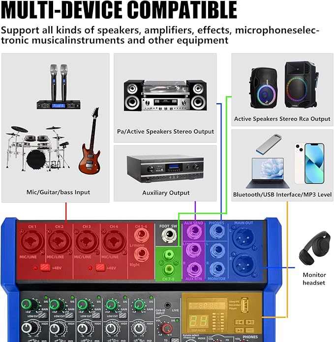 EXOTON Professional Audio Mixer Console, 6 Channel with USB, Bluetooth, MP3 Input, 48V Phantom Power, Ideal for Studio, Live Performance, and DJ Use