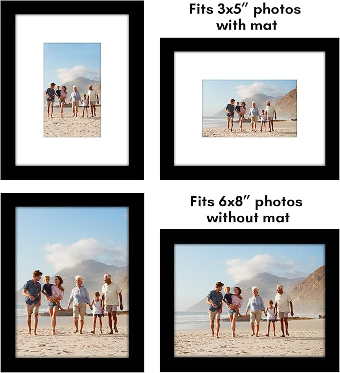 Americanflat 6x8 Picture Frame with Polished Plexiglass - Set of 5 - Use as 3x5 Frame with Mat or Display 6x8 Photo Without Mat - Galleria Collection - Picture Frames for Tabletop and Wall - Black