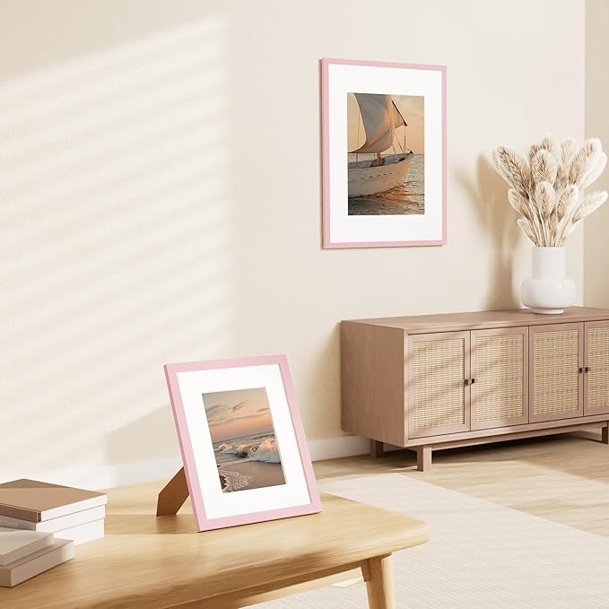 Vittanly 8x10 Picture Frame Set of 2, Solid Wood Frame for Wall or Tabletop, Display Photo 5x7 with Mat or 8x10 without Mat, Pale Pink