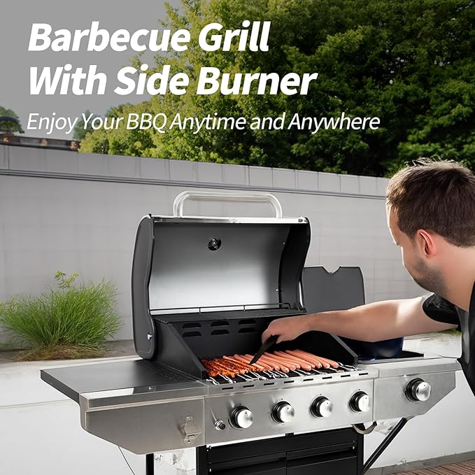 4-Burners Propane Gas Grill with Side Burner & Thermometer, Stainless Steel Propane Grill for Outdoor BBQ and Camping, Patio Backyard Barbecue, 42000 BTU Output