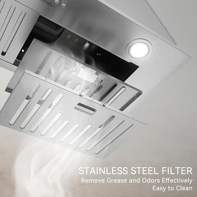 Hermitlux 30 inch Built-in/Insert Range Hood, 600 CFM 3 Speed Vent Hood, Ducted/Ductless Convertible, Stainless Steel Range Hoods with Bright LED Light, Baffle Filters and Charcoal Filters