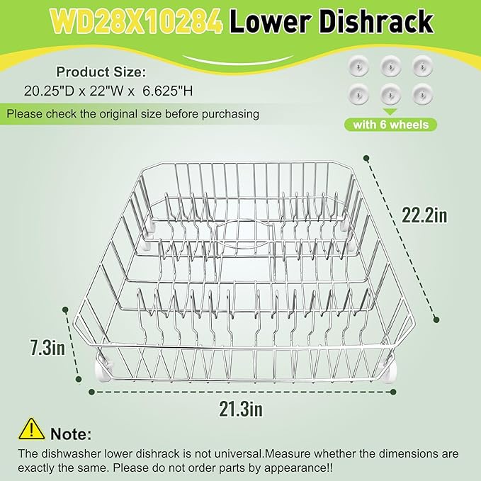 Upgrade WD28X10284 WD28X31819 Dishwasher Lower Rack Replacement for ge Dishwasher Parts, Replaces WD28X10335 AP4980665 PS3486947, Lower Dishrack Assembly with Wheels 20.25"D x 22"W x 6.625"H