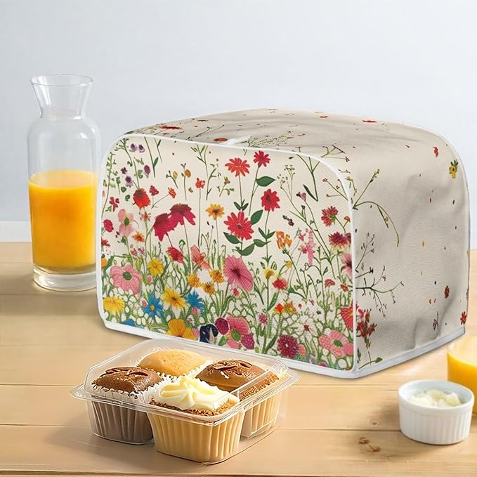 Flower Field Print Toaster Cover Washable 2 Slice Bread Maker Protector Oven Dust Cover for Small Kitchen Appliances Anti Fingerprint