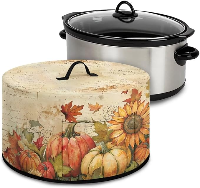 Fall Slow Cooker Dust Cover Compatible with 6/7/8 Quart Slow Cooker Dust Proof Electric Slow Cooker Cover with Pocket for Crock Pot Accessories, Vintage Pumpkin Sunflower Maple Leaf Print