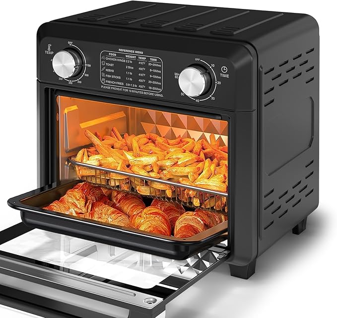 11QT Compact 2-Slice Air Fryer Toaster Oven with Reference Menus, 1500W Convection Countertop Oven, Adjustable Time & Temperature, Ideal for Singles & Couples, Black
