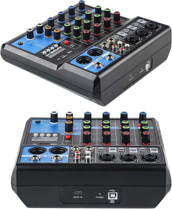 Dj Mixers 5 Channel Audio Mixer Sound Board with Bluetooth, Usb Audio Interface with 48V Phantom Power Sounds Mixer Board with FX Reverb Delay Effect for Streaming
