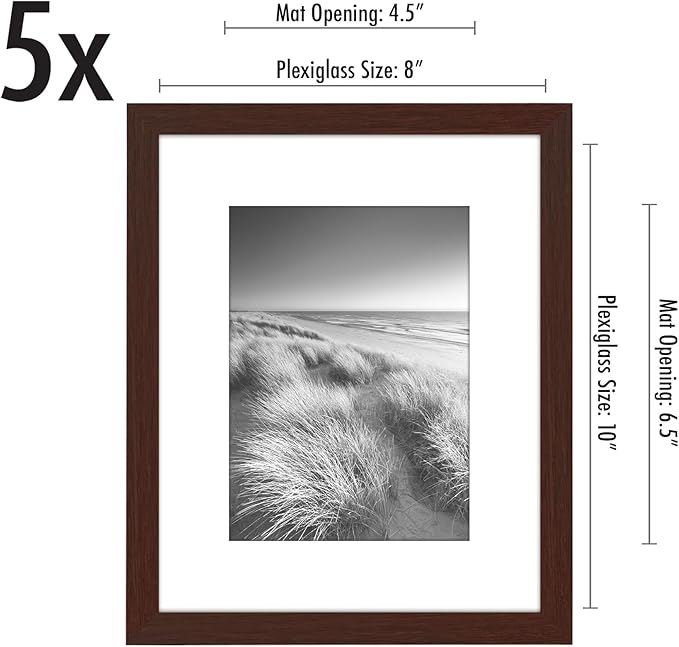 Americanflat 8x10 Picture Frame with Polished Plexiglass - Set of 5 - Use as 5x7 Frame with Mat or Display 8x10 Photo Without Mat - Galleria Collection - Picture Frames for Tabletop or Wall - Mahogany