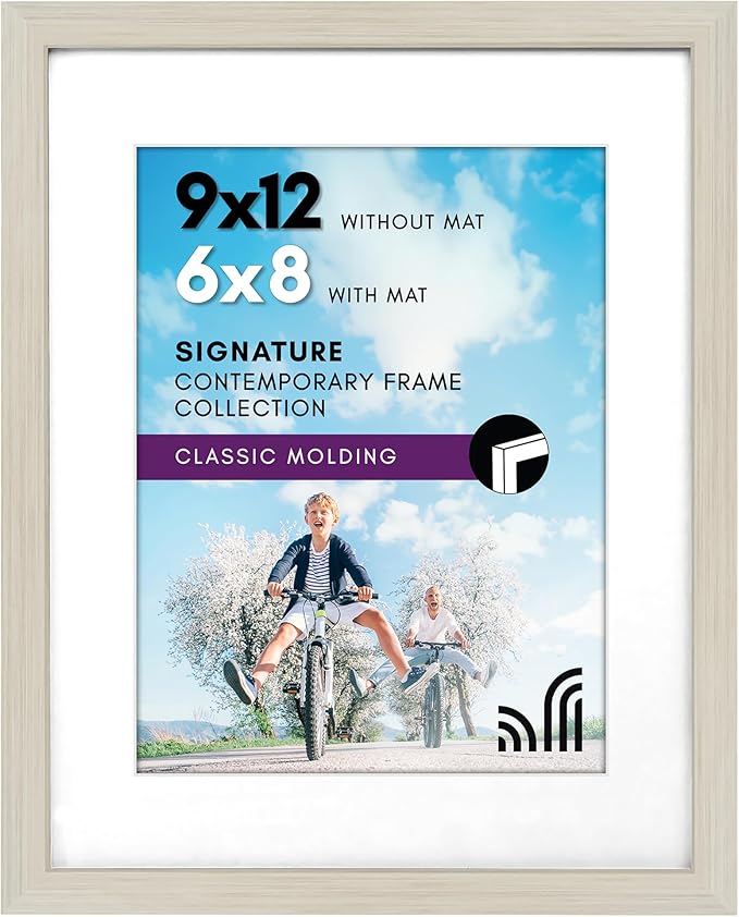 Americanflat 9x12 Picture Frame with Shatter-Resistant Glass - Use as 6x8 Frame with Mat or Display 9x12 Photo Without Mat - Signature Collection - Picture Frames for Tabletop and Wall - Light Wood