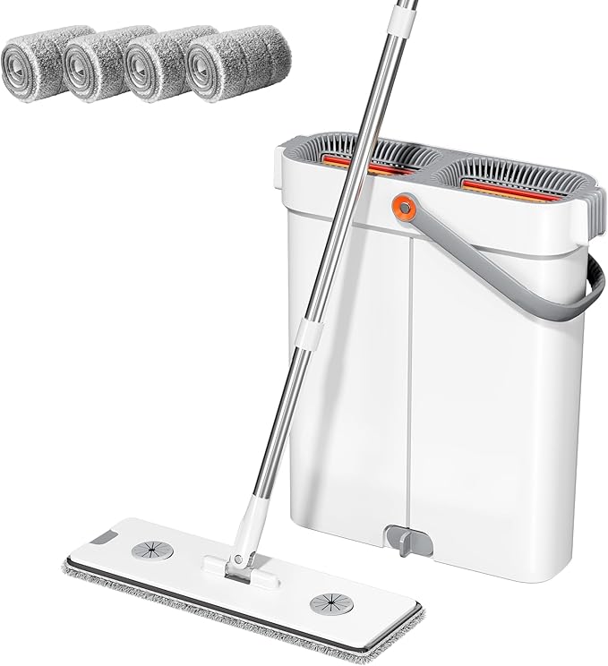 Spreezy Mop and Bucket Set, Hands-Free Flat Mop System with Wringer, Wet and Dry Using, Separate Wash & Wring Zone, Household, 4 Reusable Microfiber Pads for Floor Cleaning, Fits into Narrow Spaces