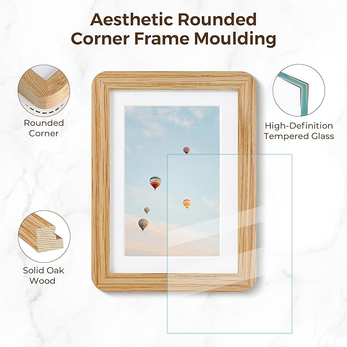 11x14 Picture Frame, Solid Oak Wood Frame 11 x 14 for Wall, Rustic Wooden Frames 11 by 14 with Tempered Glass, 11x14 Frame with Mat for 8x10, Home Decor Photo Frames 11"x14", Natural Oak Color, 3 Pack