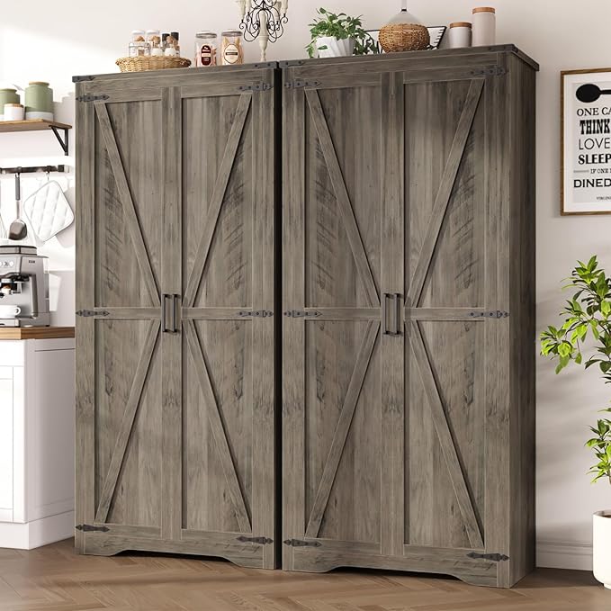 Tall Storage Cabinet with Adjustable Shelves, Farmhouse Pantry Organize with 2 Barn Doors, Large Freestanding Cabinet for Kitchen, Garage, Basement, Living, Utility Room, Grey