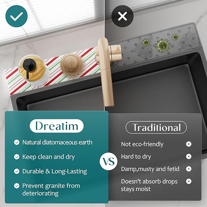 Stone Faucet Mat for Kitchen Sink, Diatomite Drying Stone Mat for Kitchen Counter, Prevent Moisture – Sink Splash Guard Home Decor (Red/Green, 23.6" x 3.9")