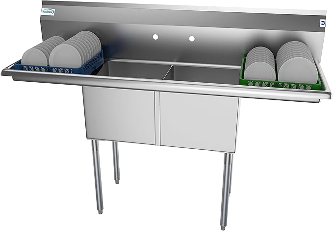 KoolMore 2 Compartment Stainless Steel NSF Commercial Kitchen Prep & Utility Sink with 2 Drainboards - Bowl Size 15" x 15" x 12", Silver,SB151512-15B3