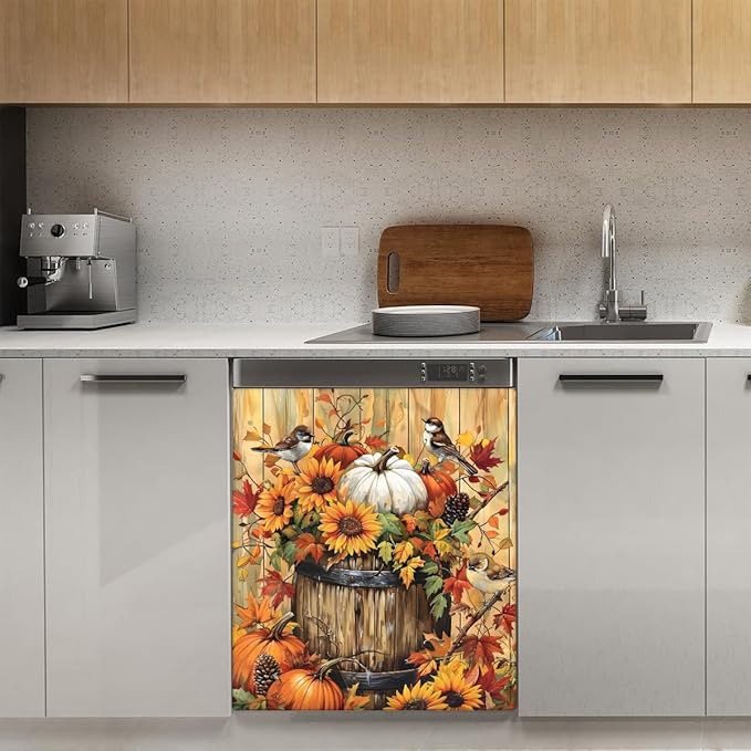 Dishwasher Magnet Cover Front Dishwasher Cover Decoration Reusable Magnetic Door Cover Panel Decal Home Appliances Stickers Kitchen Refrigerator Fridge Retro Wooden Fall Bird 23"x26"