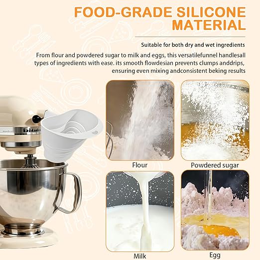Silicone Foldable Flour Funnel for Kitchen Aid Mixer,Easy Pour No-Mess Attachment,Anti-Splash Accessory,Fits Tilt-Head 4.5–7 Qt (KSM152),Durable Dishwasher-Safe Baking Tool(Red)