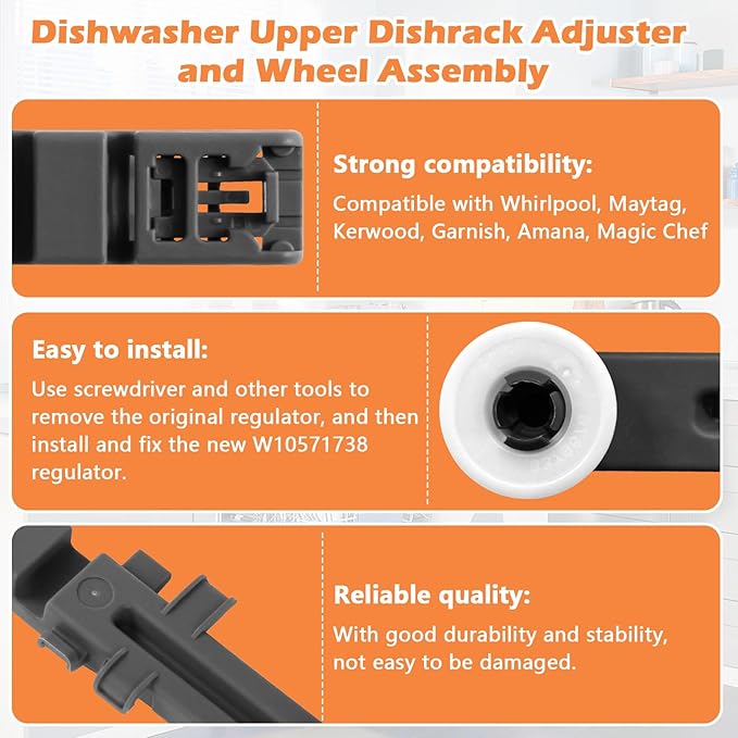 W10571738 3449627 Dishwasher Upper Dishrack Adjuster and Wheel Assembly Replacement for Whirlpool, Maytag, KitchenAid, Magic Chef Dishwasher Replace Parts PS11756470, WPW10571738, AP6023130(2 Pack)