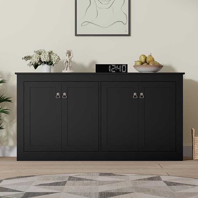 Cozy Castle Buffet Cabinet with Storage - Kitchen Storage Cabinet Wood Console Table Coffee Bar Accent Cabinets for Living Room Dining Room Entryway Black 57.5" W