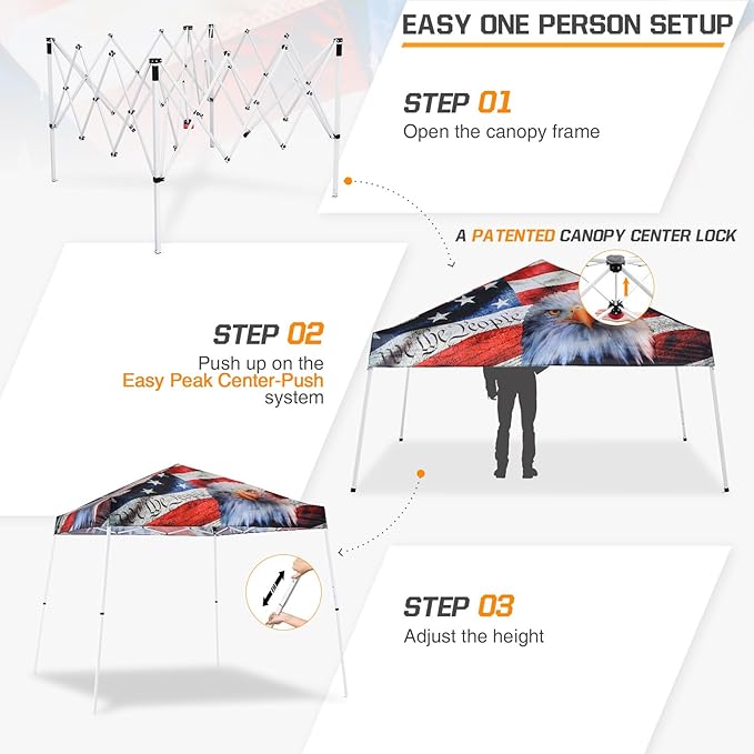EAGLE PEAK 10x10 Slant Leg Pop-up Canopy Tent Easy One Person Setup Instant Outdoor Beach Canopy Folding Portable Sports Shelter 10x10 Base 8x8 Top (American Icon)