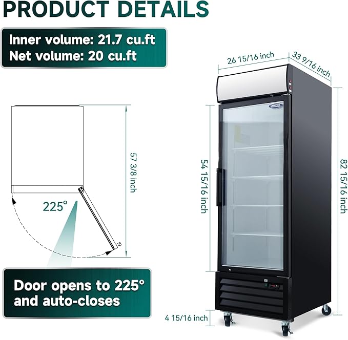 27" Commercial Display Freezer with 1 Glass Door - 20 Cu.ft Capacity, Digital Temperature Control, Auto Defrost, Freezer Top Sign, LED Lighting, Energy Efficient for Store & Supermarket