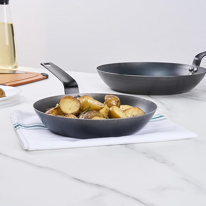 Restaurantware-Met Lux 9 Inch Fry Pans, 6 Lightweight Frying Pans - Induction-Ready, Triple-Riveted, Black Carbon Steel Cooking Skillets, Durable, For Searing, Sauteing, And Browning Food