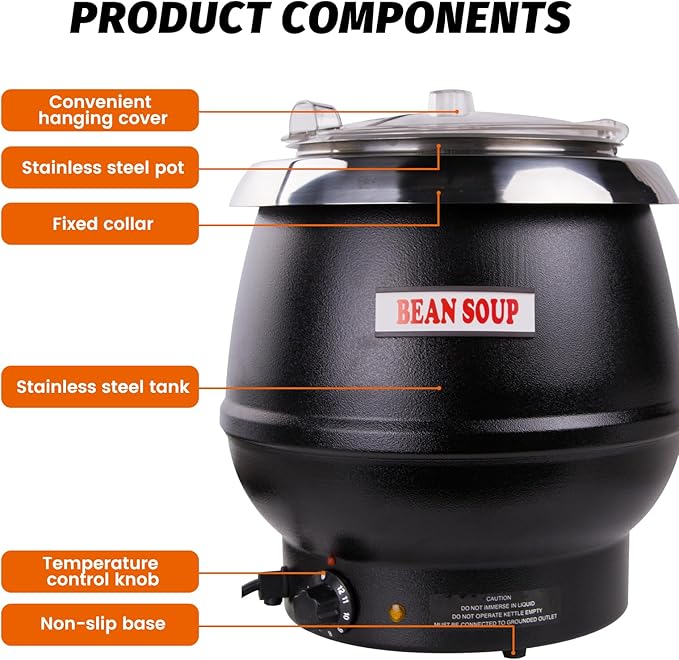 11Qt Commercial Soup Warmer with Clear-View Lid, 400W Buffet Food Warmer with Hinged Lid & Detachable Pot, Temperature Control (105-195°F) for Soups, Chili, Stew, Nacho Cheese - Black