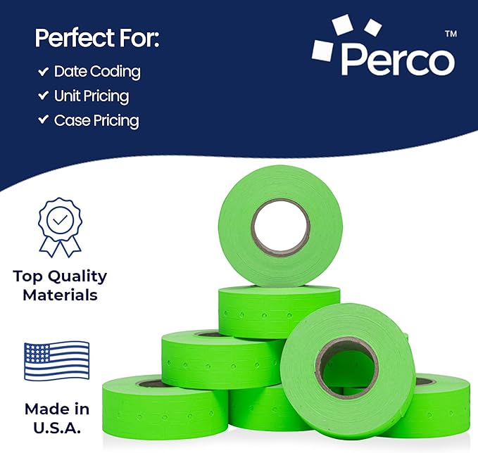 Perco 1 Line Fluorescent Green Labels - 8 Rolls, 1 Sleeve, 8,000 Blank Price and Date Gun Labels for Perco Lite, X, Plus and Pro 1 Line Price and Date Guns - Made in USA