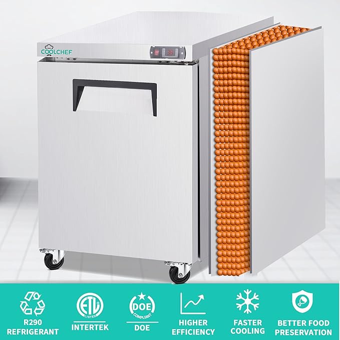 28" Commercial Worktop Refrigerator, 8 Cu.ft Single Door Stainless Steel Prep Table Fridge, R290 Undercounter Refrigerator with Casters