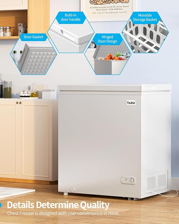 TABU 7.0 Cubic Feet Chest Freezer, Energy Saving Chest Deep Freezer with 7 Level Adjustable Thermostat, Top Opening Compact Freezer with Removable Storage Basket (White)