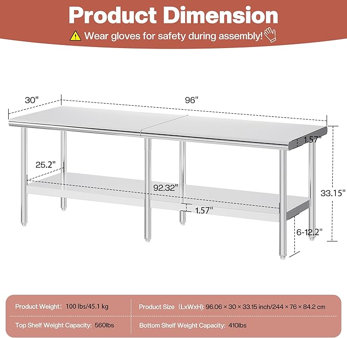 Jocisland 30" x 96" Stainless Steel Table for Prep & Work Adjustable Under Shelf and Feet, for Commercial Kitchen, Restaurant, Hotel, Garage