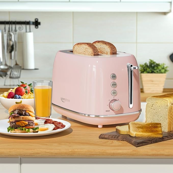 2 Slice Toaster Retro Stainless Steel with Bagel, Cancel, Defrost Function and 6 Bread Shade Settings Bread Toaster, Extra Wide Slot and Removable Crumb Tray (Pink)