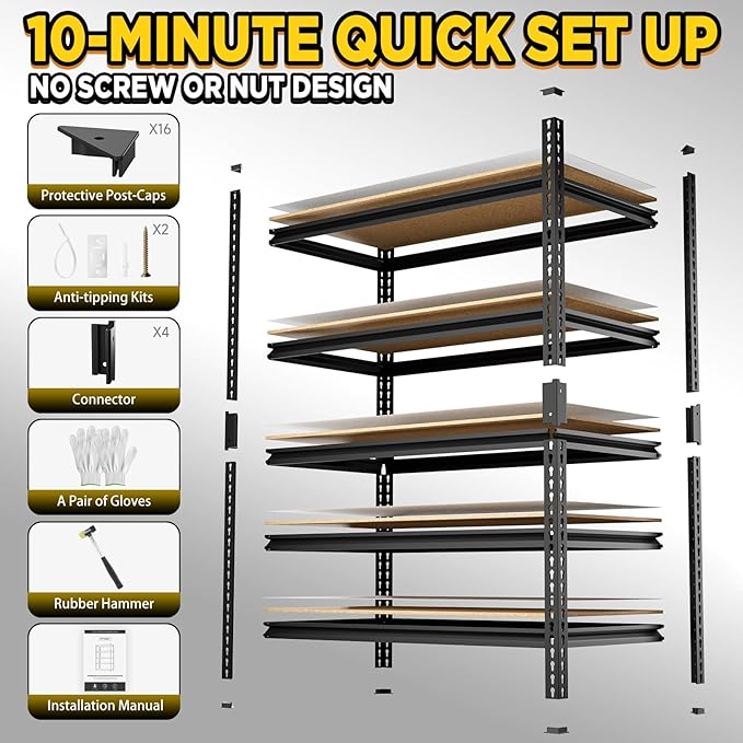 5-Tier 40”W X 19.7”D X 71”H Garage Storage Racks 2500LBS Garage Storage Heavy Duty Adjustable Metal Basement Shelving (Black)