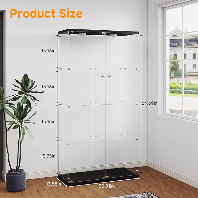 Tempered Glass Display Cabinet with Lights, 4-Tier Curio Cabinet with Glass Doors and Lock, Glass Display Case for Collectibles, for Living Room, Bedroom, Office, Black, Double Door