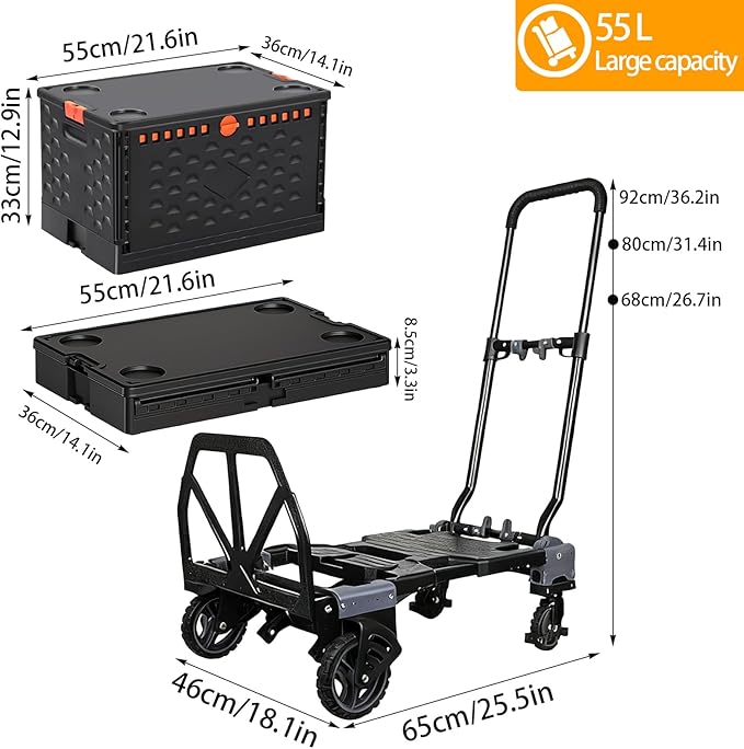 Folding Hand Truck Dolly Capacity Collapsible Heavy Duty Utility Cart with Adjustable Handle Convertible Trolley for Luggage Moving Camping Home Office (Gray Storage Bin Set, Box 55cm*36cm*33cm)