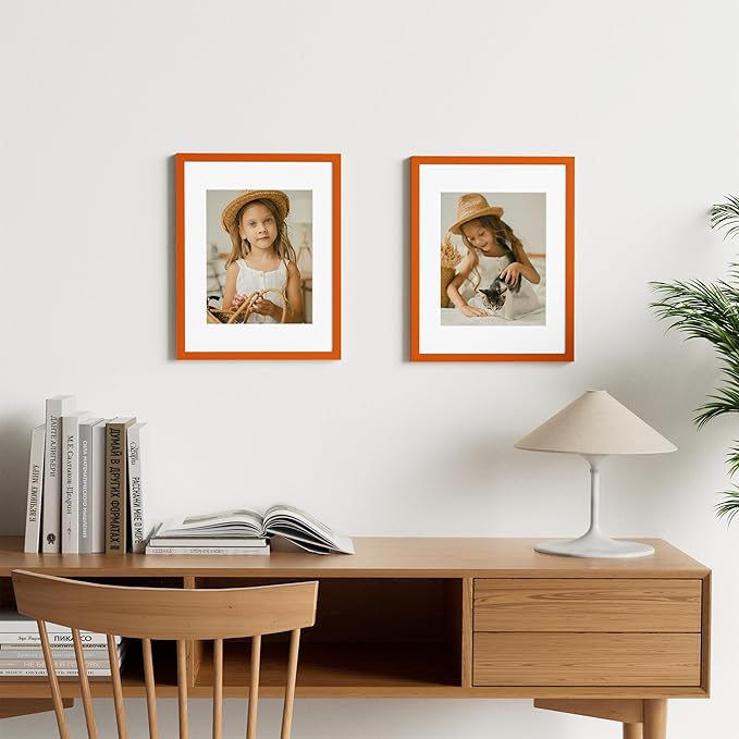Vittanly 11x14 Picture Frame Set of 2, Solid Wood Frame for Wall Art Photo and Prints, Display Photo 8x10 with Mat or 11x14 without Mat, Orange