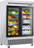 COOLCHEF 54" Commercial Glass Door Refrigerator, 49 Cu.Ft Double-Door Reach-In Cooler, 33–40℉, Double-Layer Low-E Glass, 8 Shelves, R290