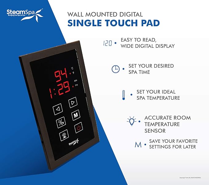 SteamSpa 4.5kW Steam Sauna Generator Premium Bundle 240V Steam Generator with Touch Pad Control, Steamheads, Pressure Relief Valve, Built-in Auto Drain and Plumber Quick Install Kit PRT450OB-A