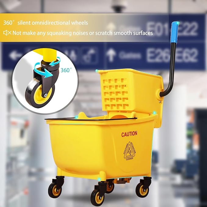 33 Quart Commercial Mop Bucket, with Side-Press Wringer on Wheels. Includes an Industrial Mop. Yellow Industrial Mop Bucket, Suitable for Home, Commercial, Restaurant Cleaning