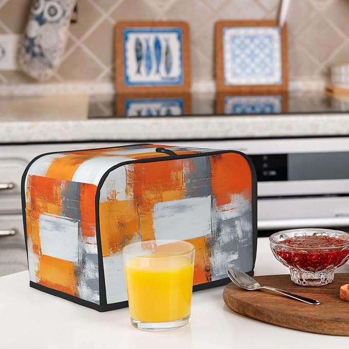2 Slice Toaster Cover for Kitchen Modern Art White Orange Gray Waterproof and Dustproof Toaster Dust Cover with Side Pockets Decorative Universal Cover for Wide Slot Toasters and Small Appliances