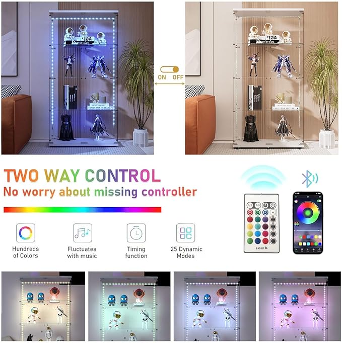 Yoluckea 4 Tiers Glass Display Cabinet with Bluetooth LED Light Strip, 2 Doors Floor Standing Curio Cabinet with Universal Wheel for Home Office Display, White Glass Bookshelf for Collections,Wood Top