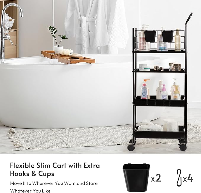 danpinera 4 Tier Slim Cart with Wheels, 7.7’’ Metal Skinny Rolling Storage Cart on Wheels for Kitchen, Bedroom, Office, Laundry Room, Small Narrow Spaces with Hooks and Cups, Black