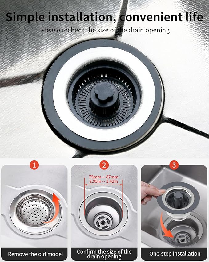 3 in 1 Kitchen Sink Drain Strainer [Premium PP Basket] Anti-Clogging Kitchen Sink Drain Stopper Stainless Steel Efficiently Drainage Odor Filter Sink Plug for Us Standard 3-1/2 Inch